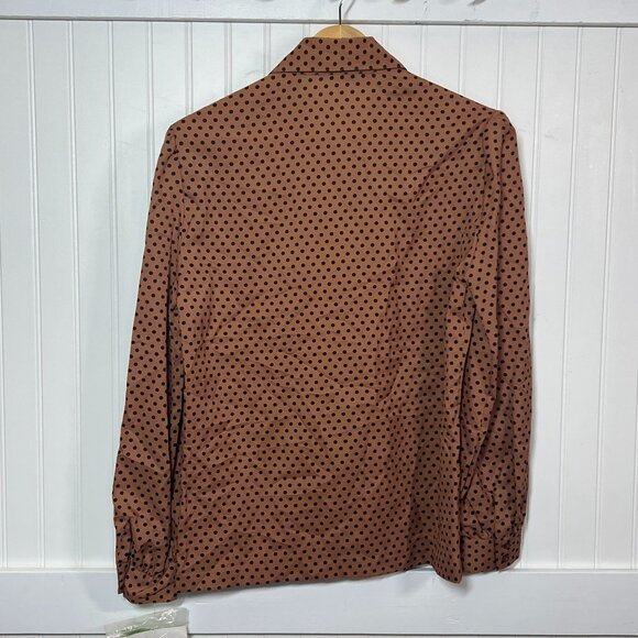 Deadstock Vintage Women's Brown Polka Dot Button-Up Blouse Collar Long Sleeve - Picture 3 of 10